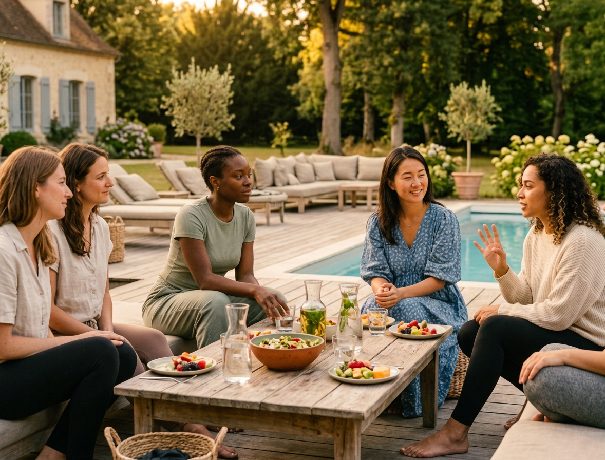 Retraite bien-être pour femmes autour d'une table conviviale au bord d'une piscine, ambiance maison de campagne premium